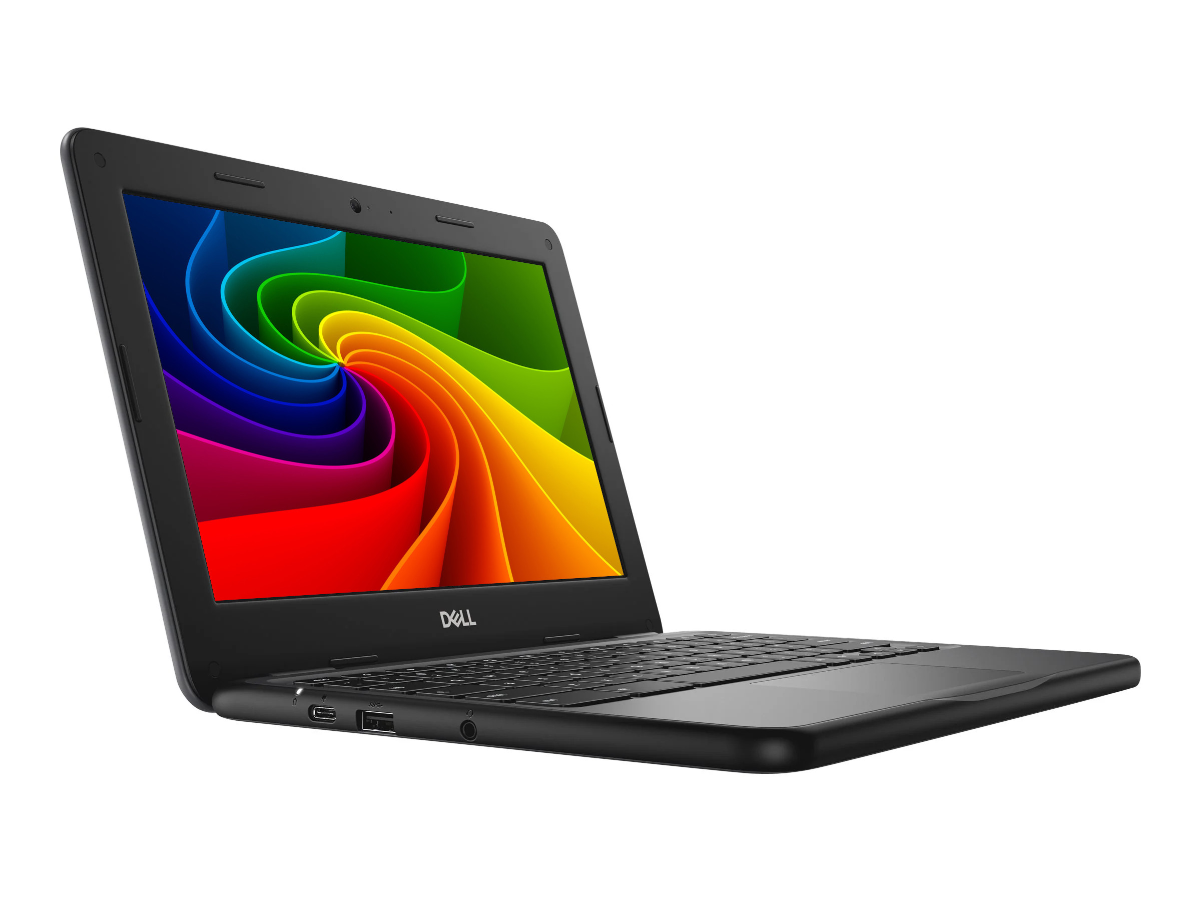 Ein geöffneter schwarzer Dell Laptop mit einem bunten, wirbelnden Hintergrundbild auf dem Bildschirm.