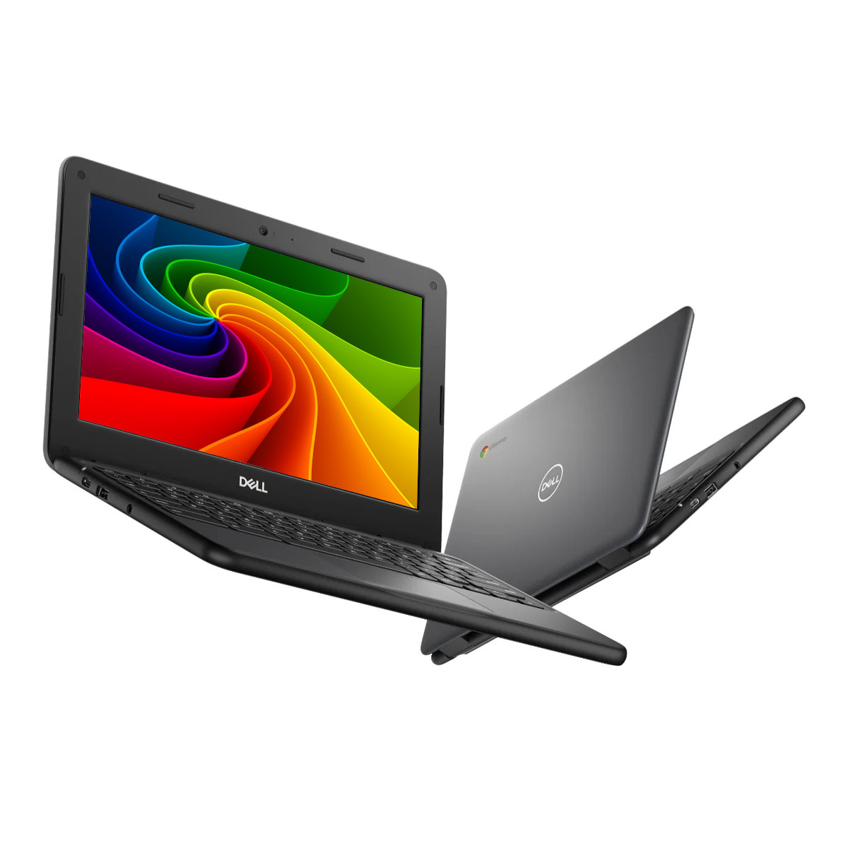 Zwei schwarze Dell Laptops im 3/4 Profil, einer geöffnet mit farbigem Bildschirm.