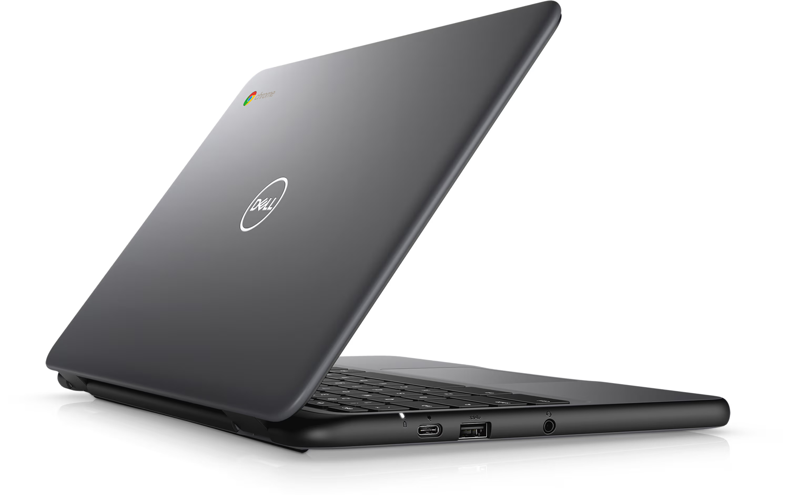 Ein geschlossener, dunkler Dell Chromebook Laptop mit Chrome-Logo.