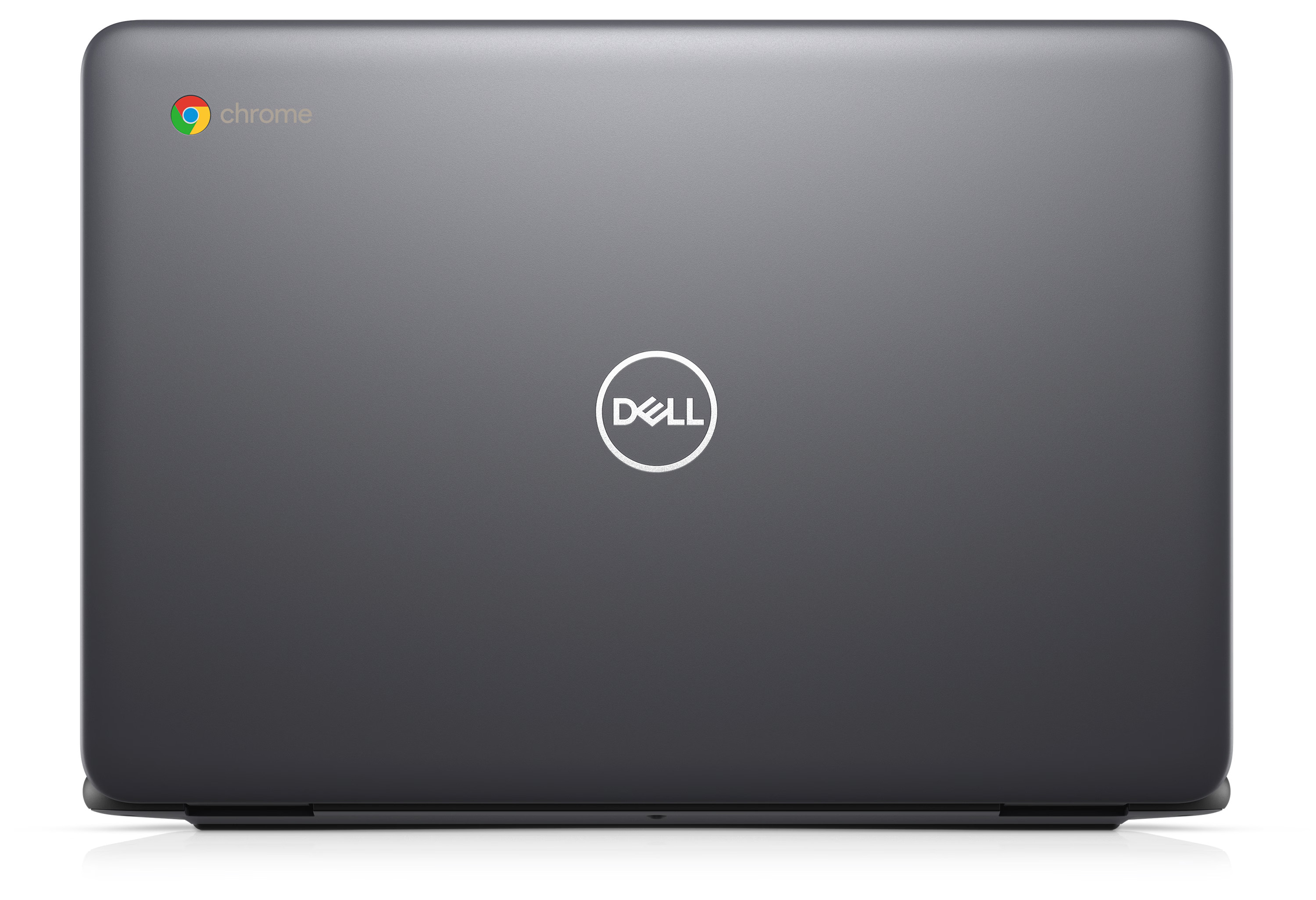 Ein geschlossener grauer Dell Chromebook Laptop mit Chrome-Logo.
