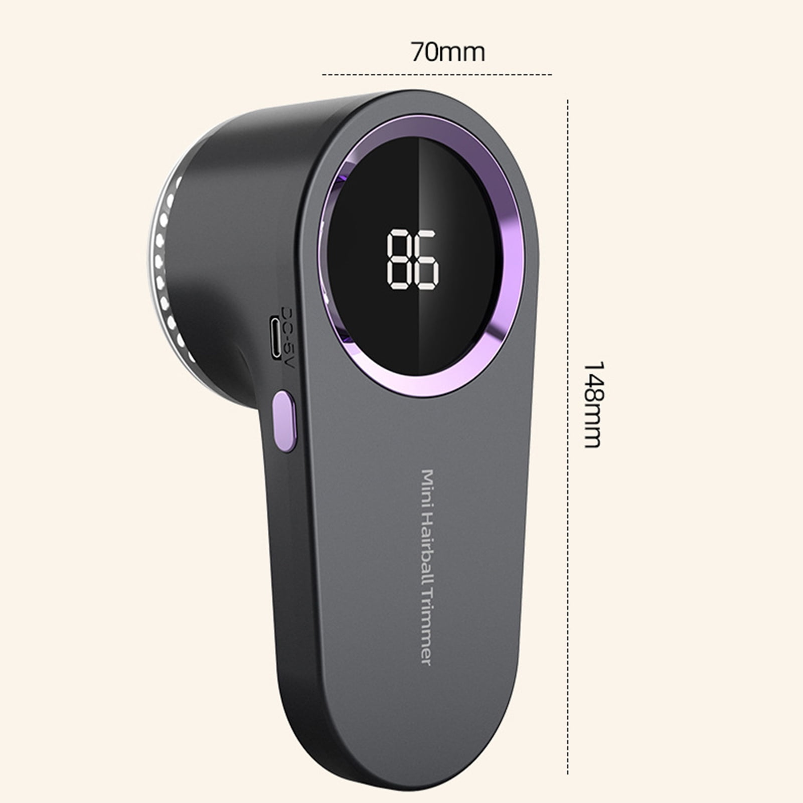 Dunkelgraues Fusselentferngerät mit digitaler Anzeige und violettem Ring.