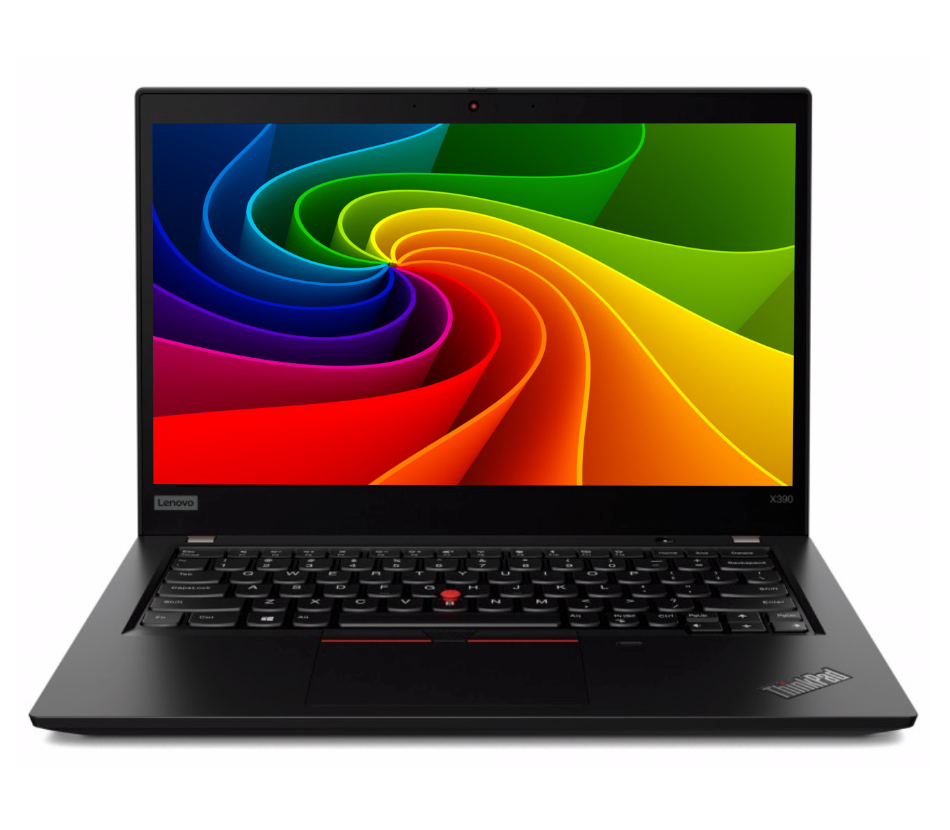 Ein schwarzer Laptop mit einem bunten, wirbelnden Hintergrund auf dem Bildschirm.
