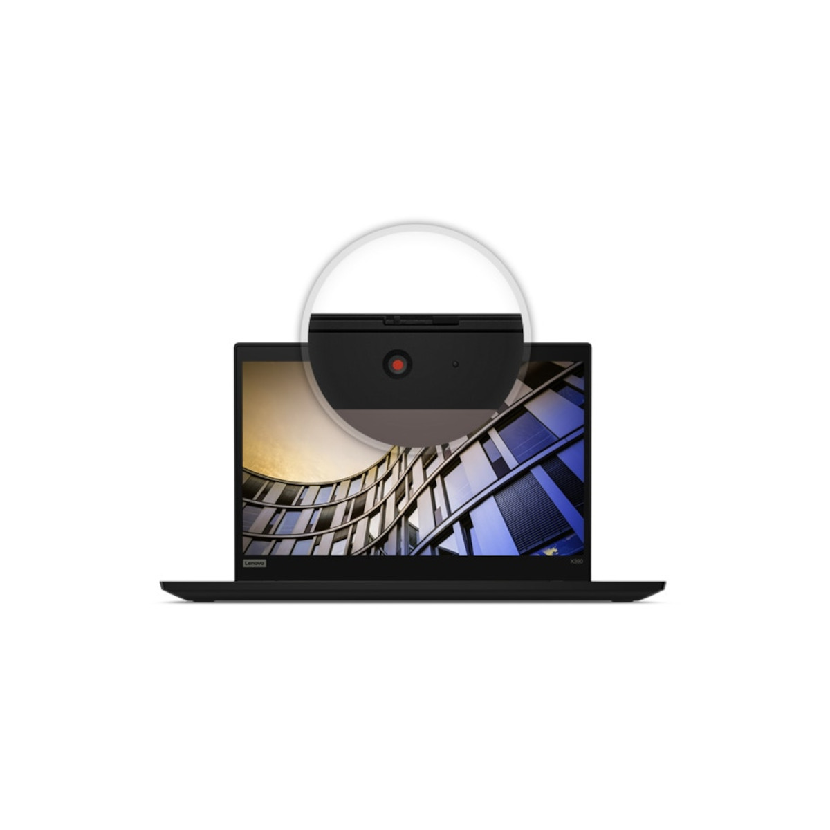 Ein Laptop mit einer Nahaufnahme der oberen Bildschirmkante, die eine Webcam zeigt.