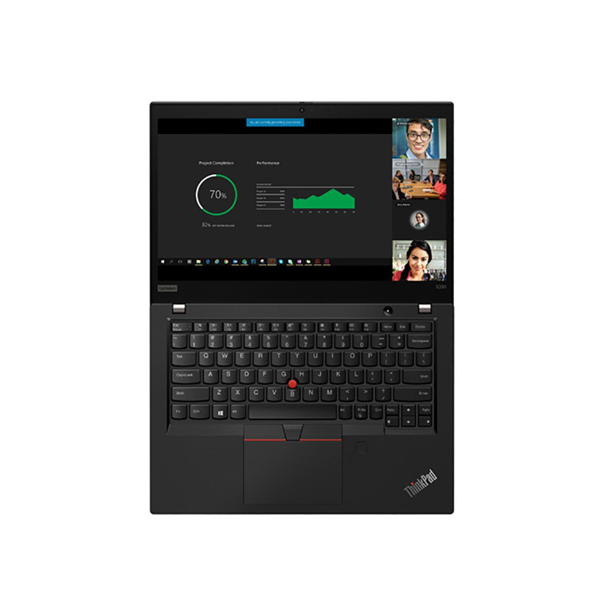 Ein schwarzes Lenovo ThinkPad Laptop zeigt einen Videokonferenzbildschirm mit Diagrammen.