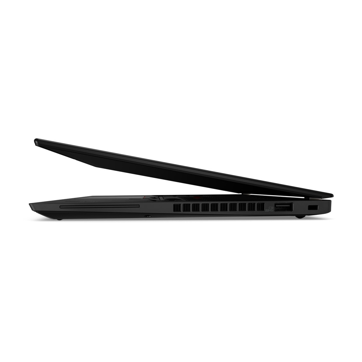 Schwarzer Laptop im Seitenprofil, leicht geöffnet, mit Lüftungsschlitzen und Anschlüssen.
