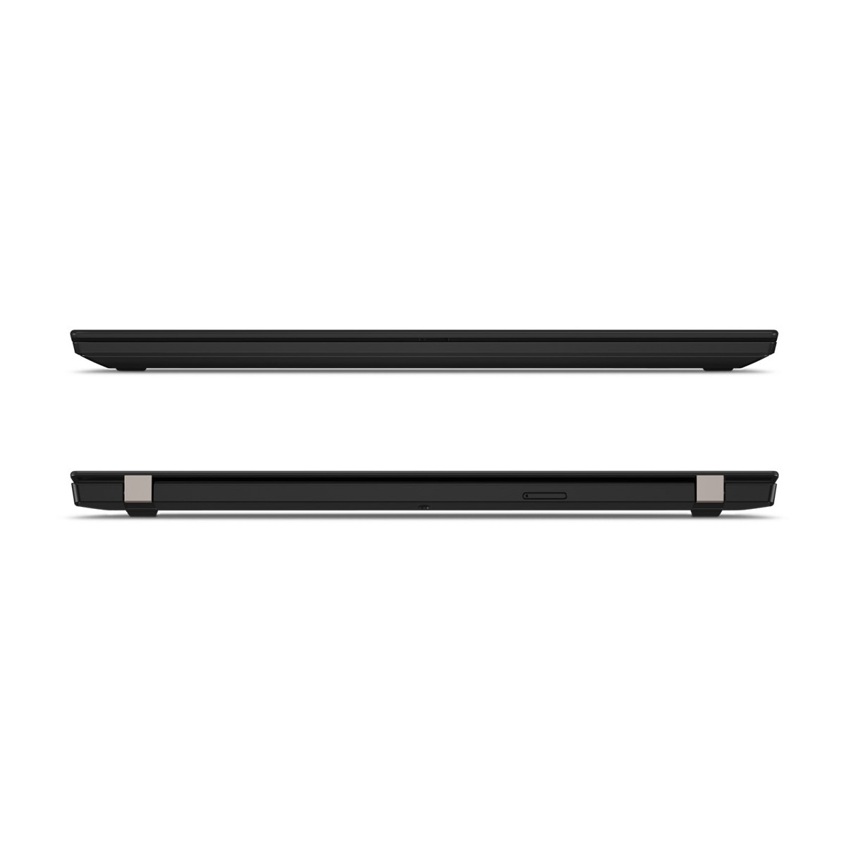 Oben Ansicht eines geschlossenen schwarzen Laptops. Unten Ansicht der Seite eines geschlossenen Laptops.