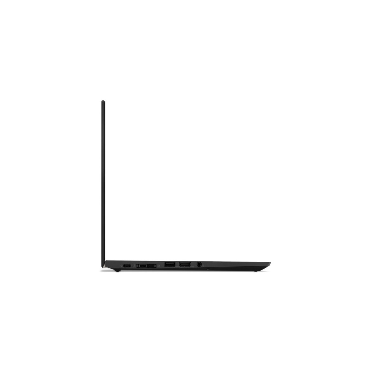 Schwarzer Laptop von der Seite mit Anschlüssen auf der linken Seite.