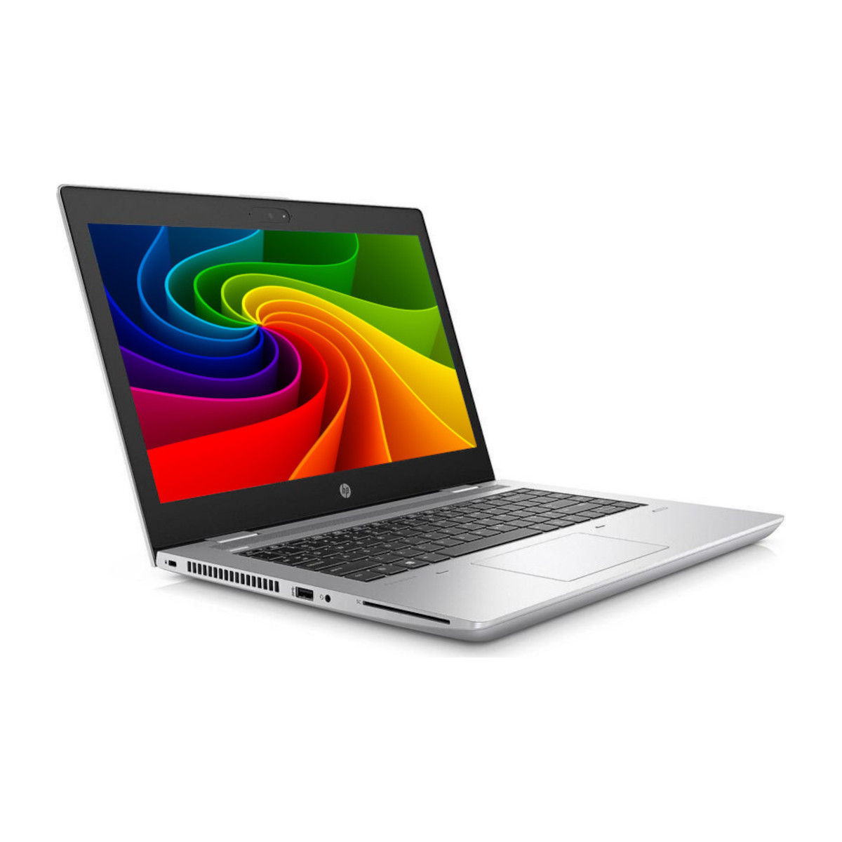 Ein silberner Laptop auf weißem Hintergrund mit einem bunten Wirbel auf dem Bildschirm.