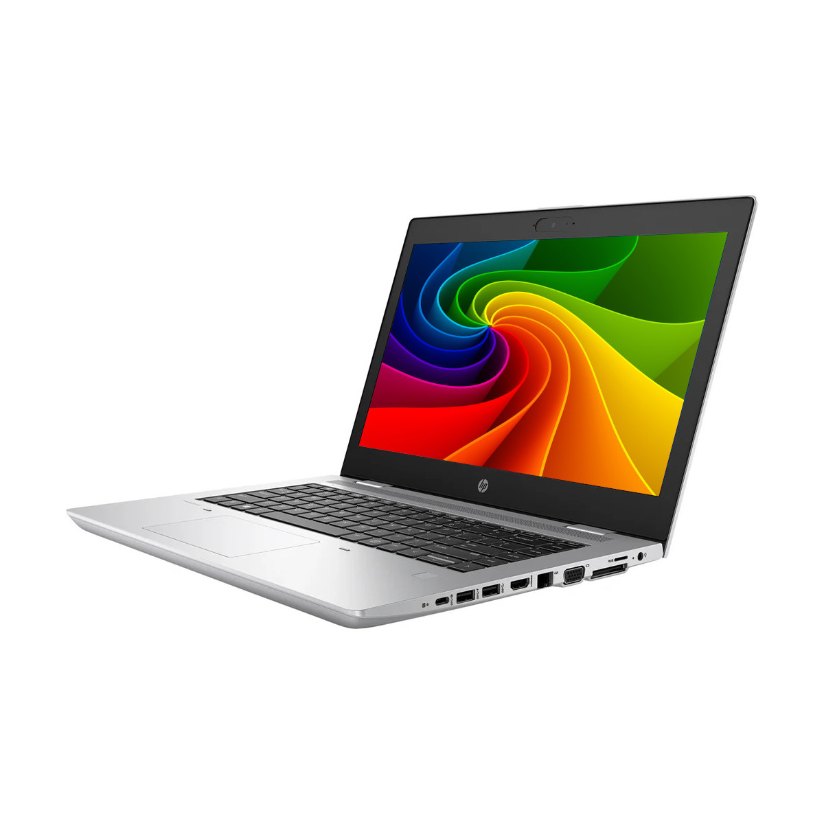 Ein offener silberner Laptop mit einem bunten Hintergrund auf dem Bildschirm.