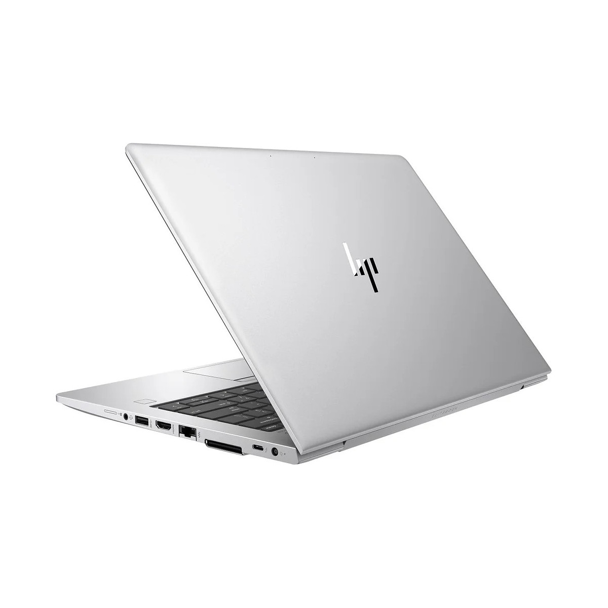 Ein silberner HP Laptop, teilweise geöffnet, mit Blick auf die Tastatur und Anschlüsse.