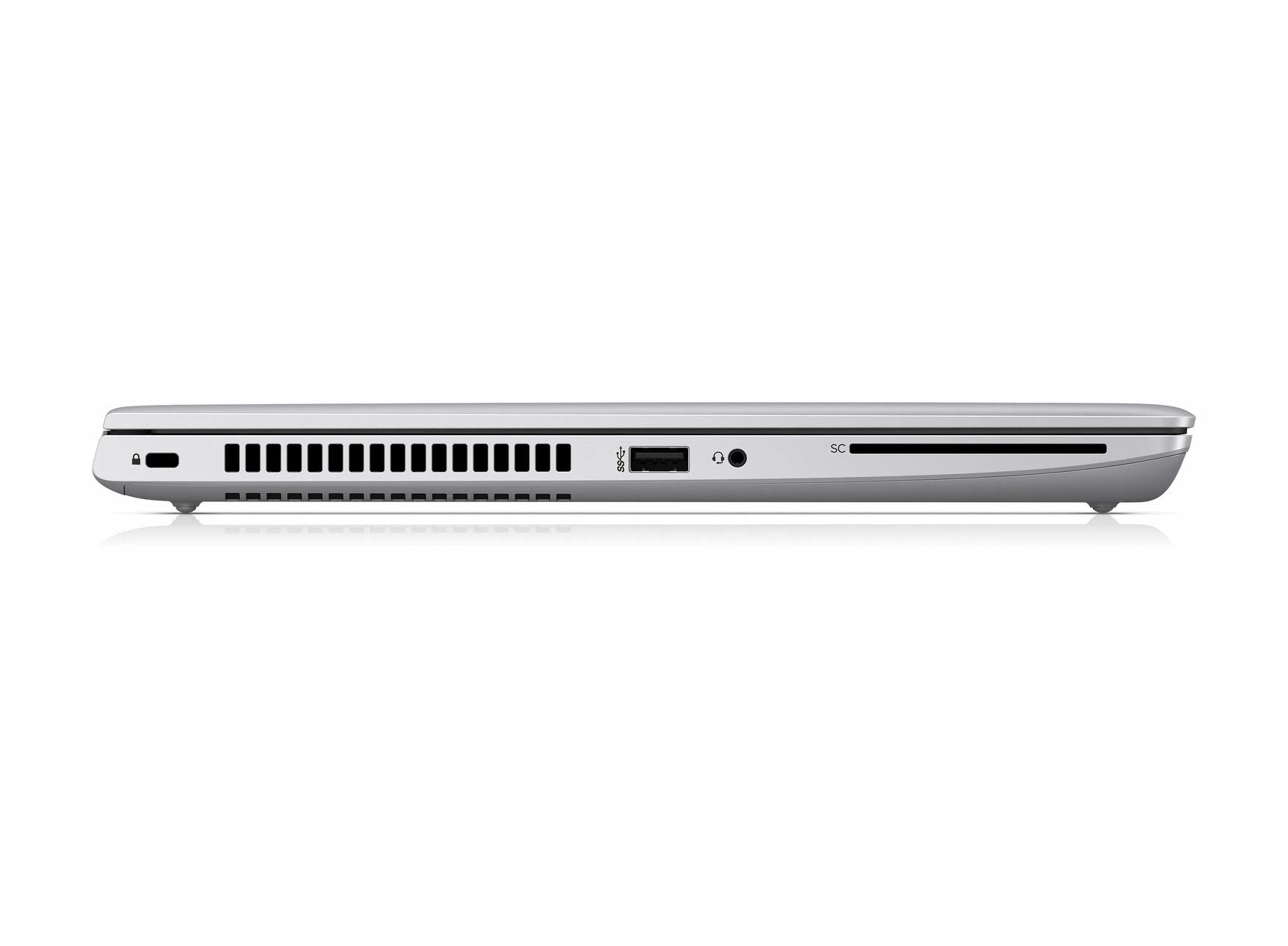 Silberner Laptop-Rand mit Lüftungsschlitzen, USB- und SD-Kartensteckplätzen.