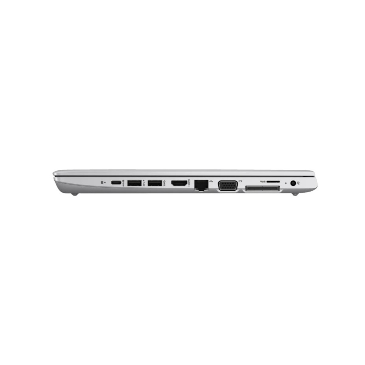 Seitenansicht eines silbernen Laptops mit Anschlüssen: USB, HDMI, Ethernet, VGA, SD-Kartenleser.