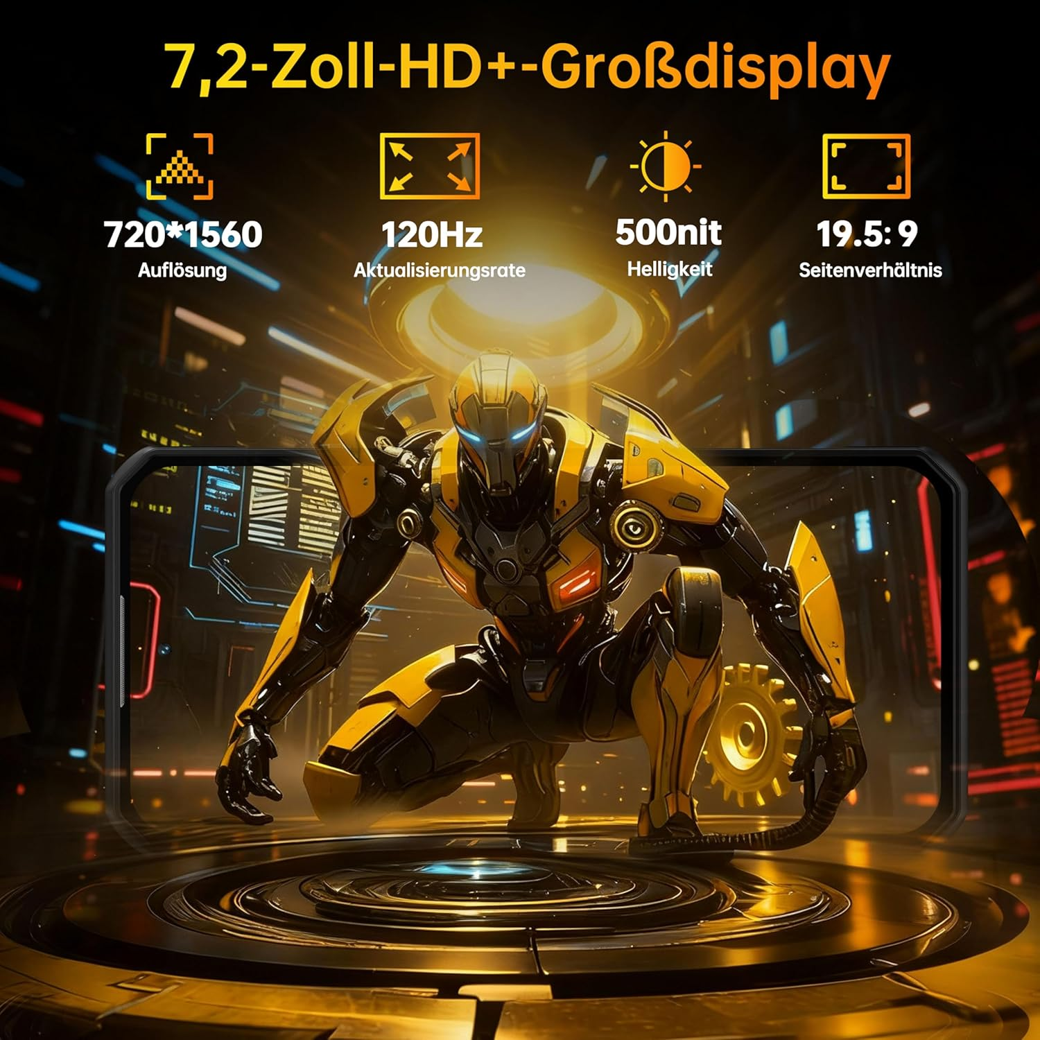 Un robot giallo e nero accovacciato su una piattaforma dorata. Info display in alto.