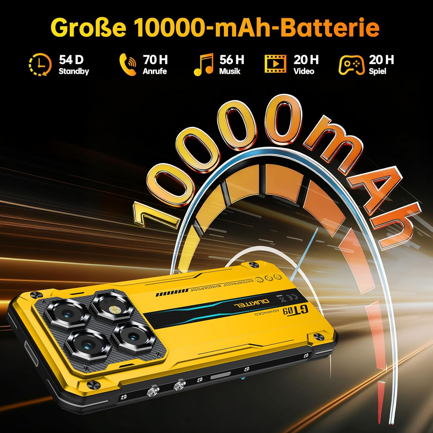 Smartphone robusto giallo con quattro fotocamere e display batteria da 10000 mAh.