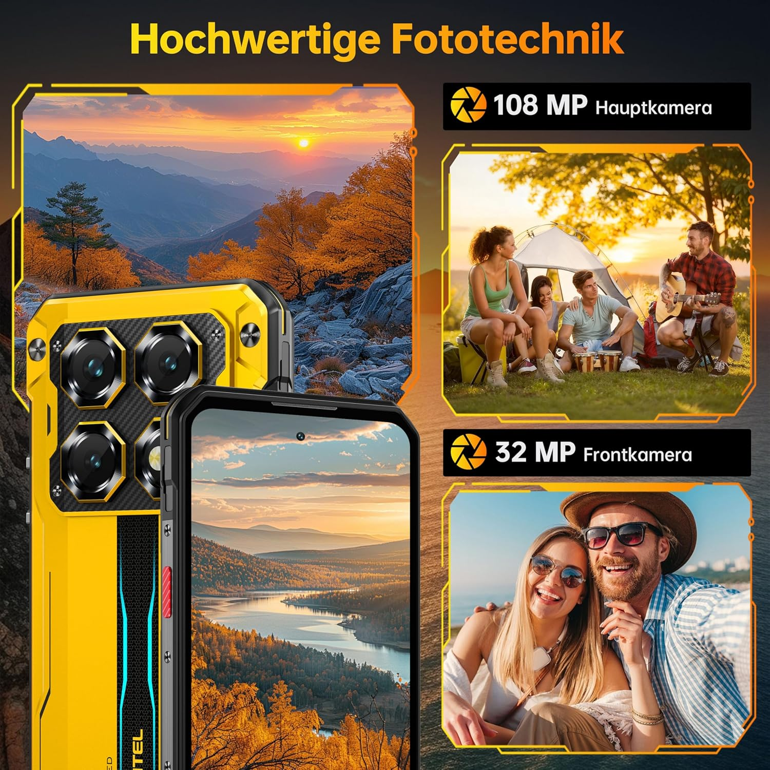 Smartphone giallo con fotocamera principale da 108MP e frontale da 32MP, mostra scene.