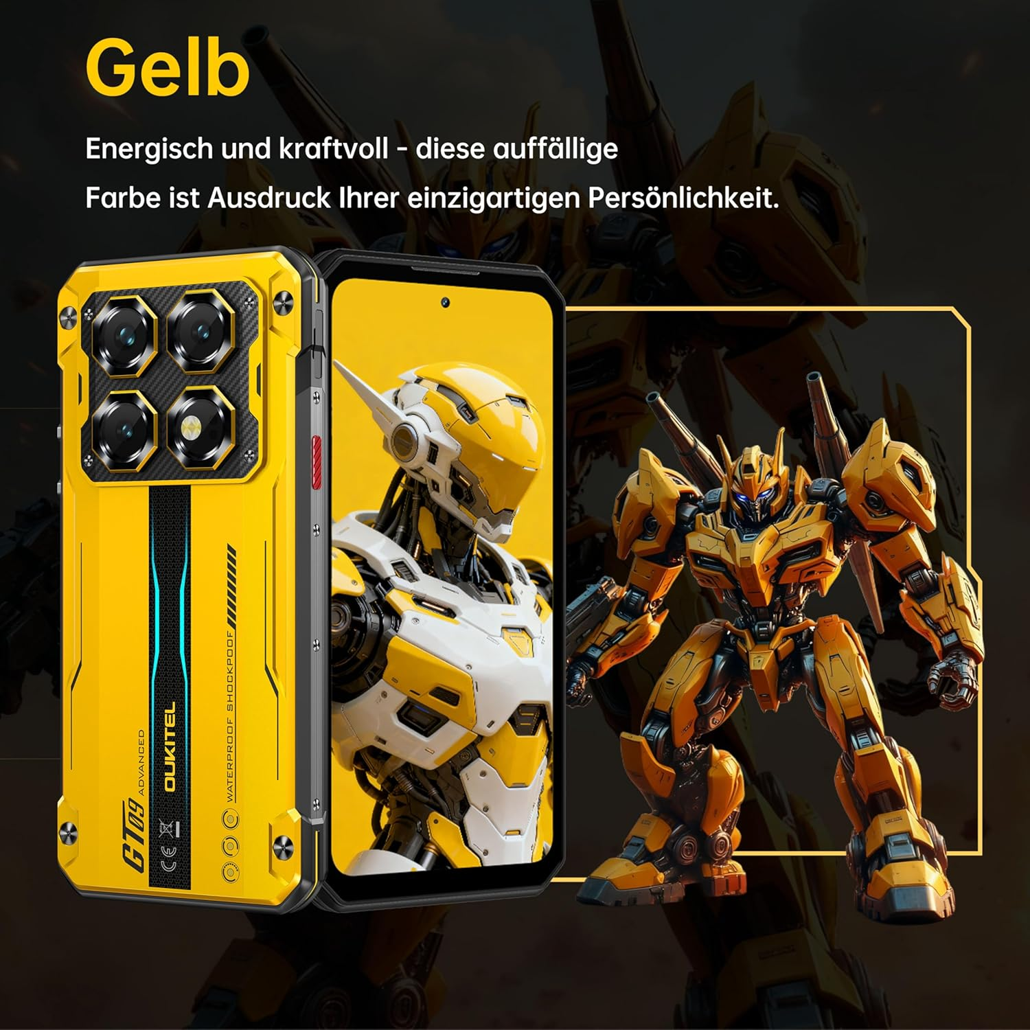 Smartphone giallo con elementi di design robotico accanto.