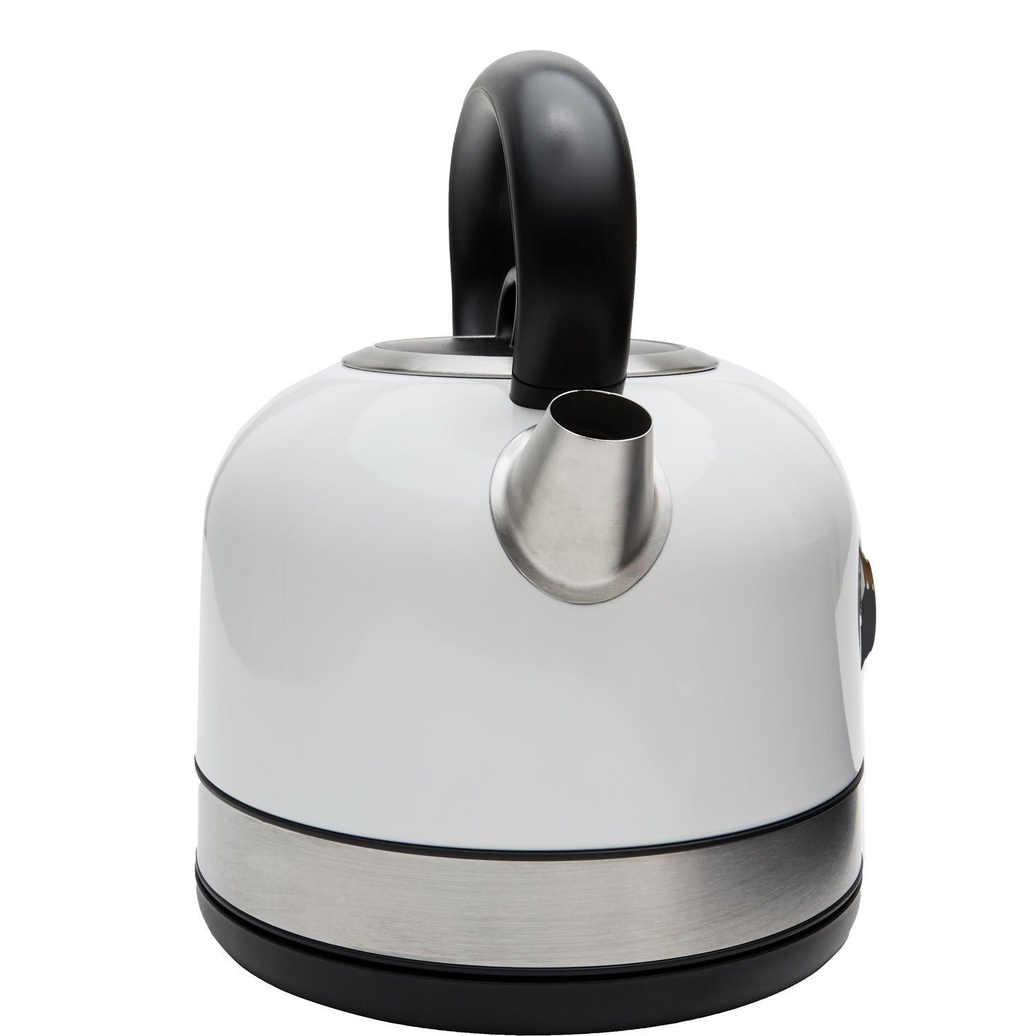 Een witte waterkoker met een zwart handvat en zilveren accenten.