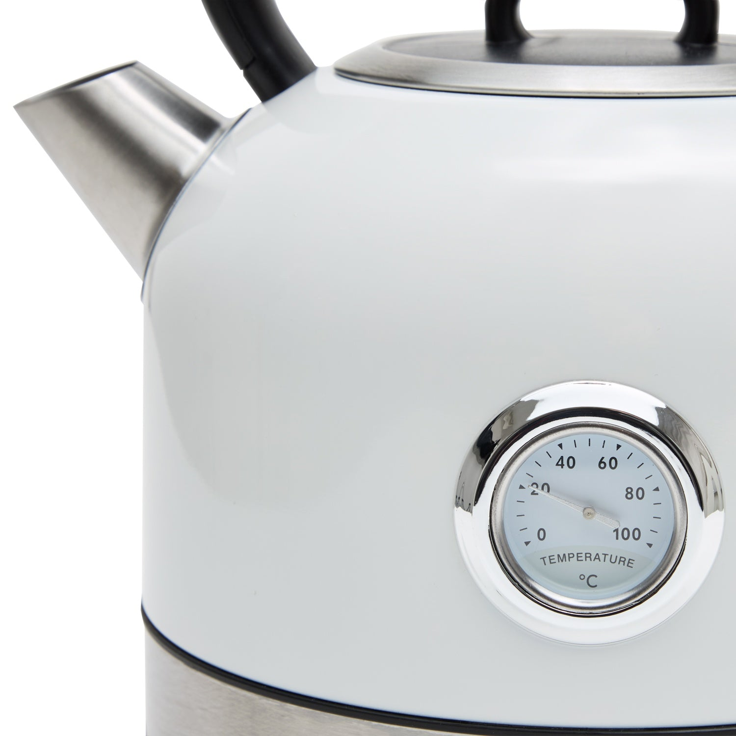 Een witte waterkoker met ingebouwde thermometer die 20°C aangeeft.