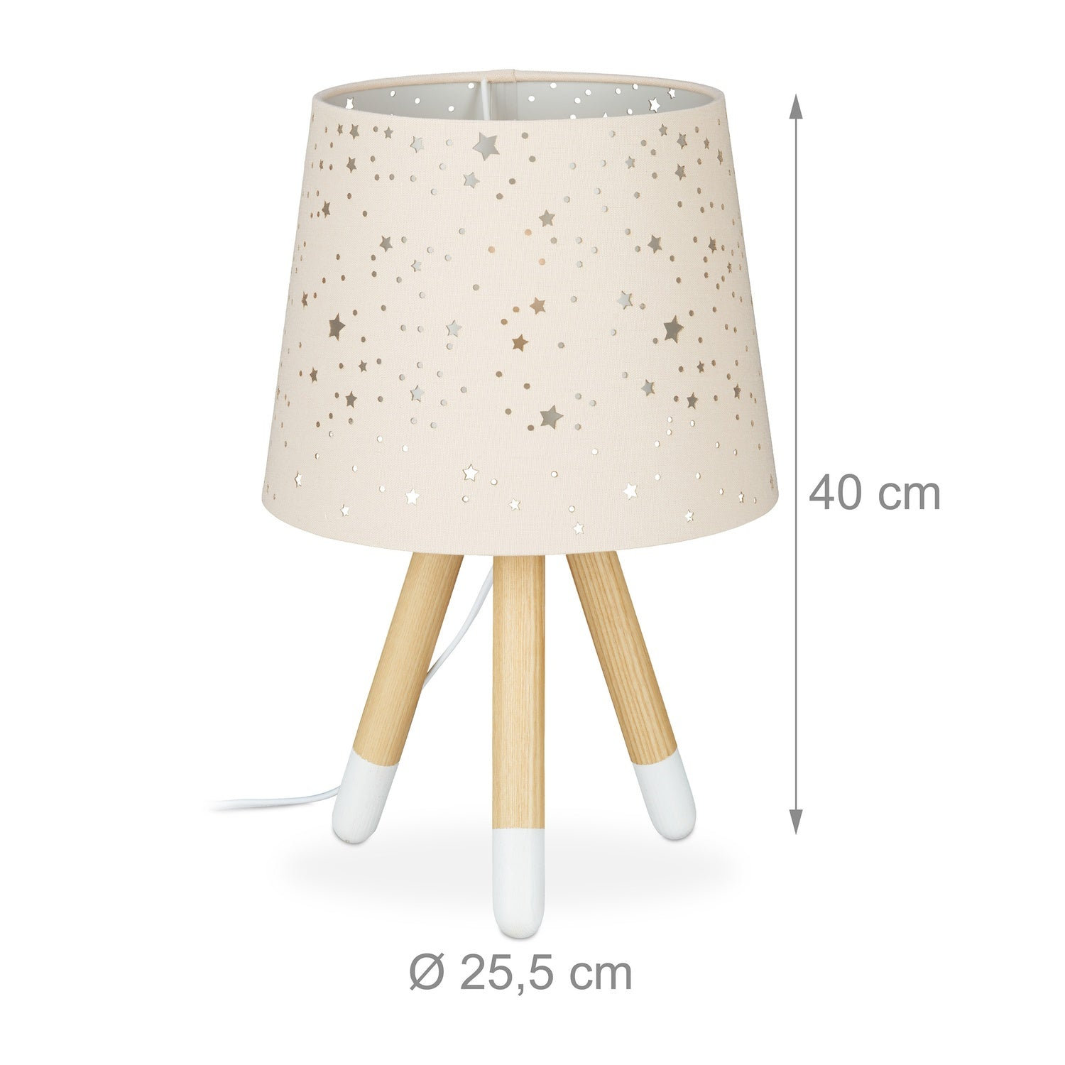 Lámpara de mesa con estampado de estrellas y patas de madera. Alto 40 cm, diámetro 25,5 cm.