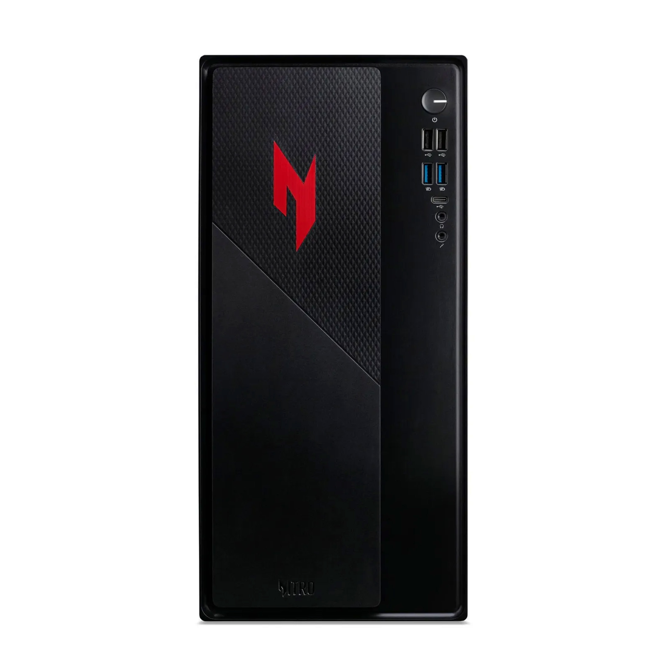 Schwarzes PC-Gehäuse mit rotem Logo und Anschlüssen an der Vorderseite.