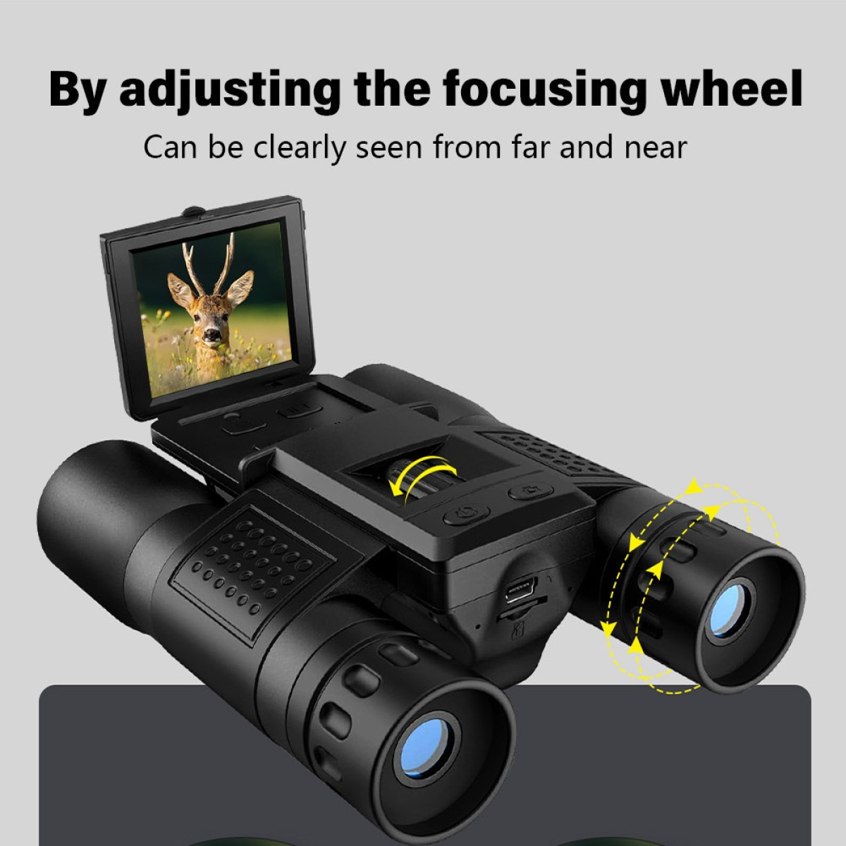 Czarne lornetki noktowizyjne z ekranem pokazującym sarnę. Podświetlone pokrętło ostrości.