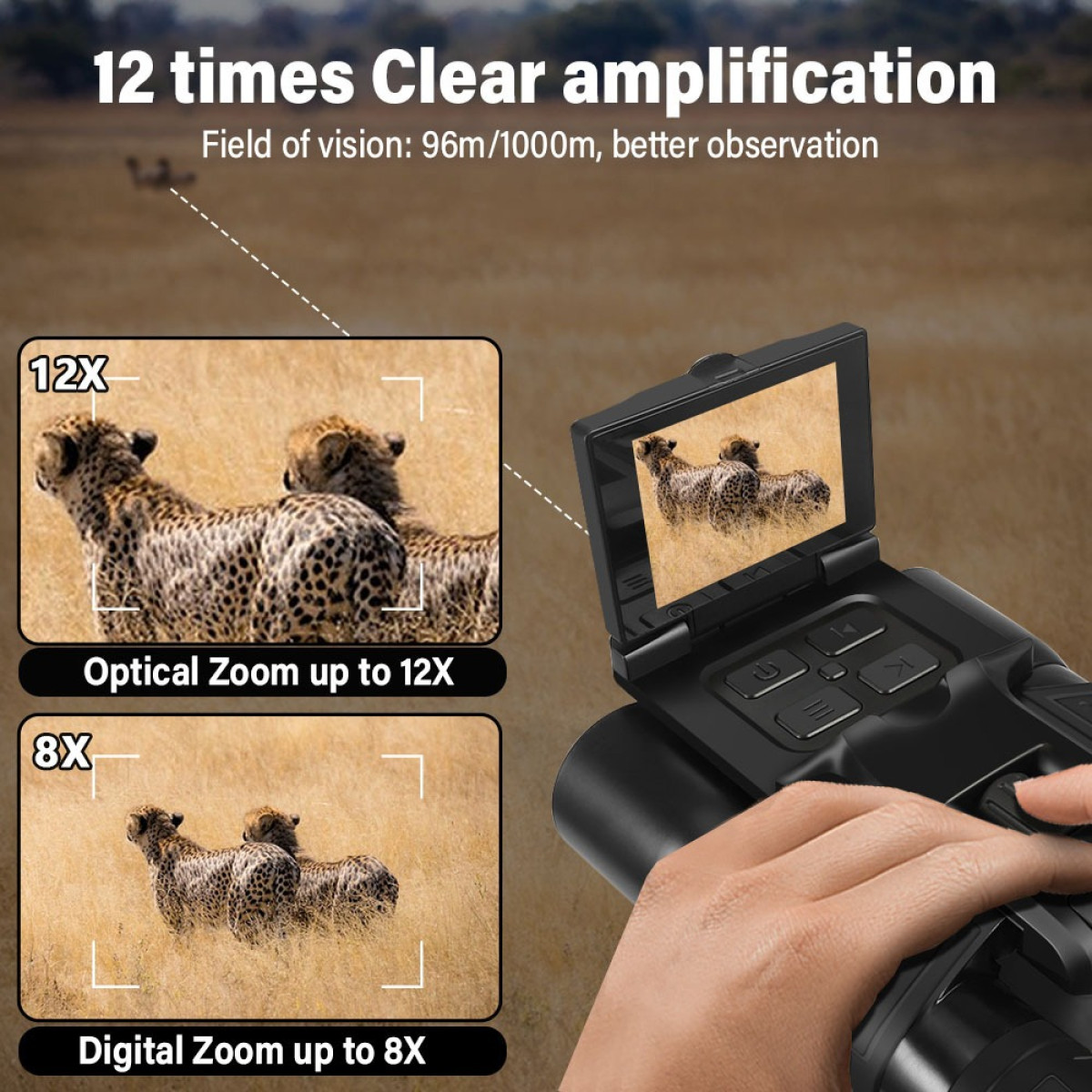 Lornetka pokazuje młode gepardy z zoomem optycznym 12x i cyfrowym 8x.