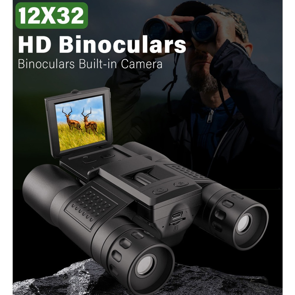 Czarne lornetki z ekranem pokazują dwa antylopy na trawie. Mężczyzna patrzy przez lornetkę.