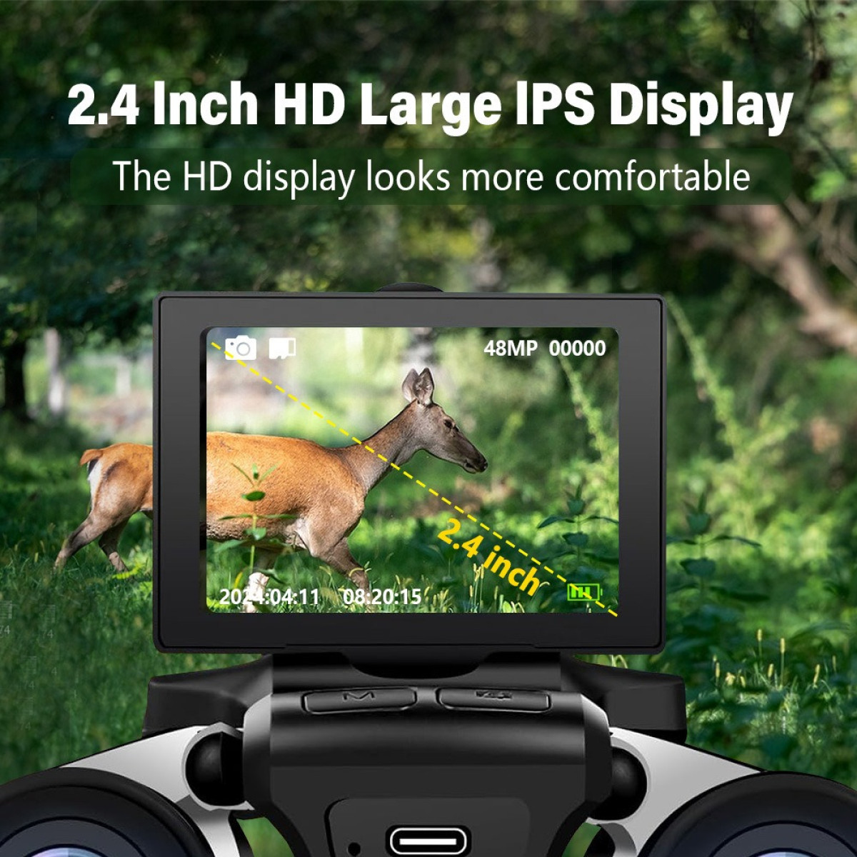 Lornetka wyświetla jelenia w lesie na ekranie z datą i godziną.