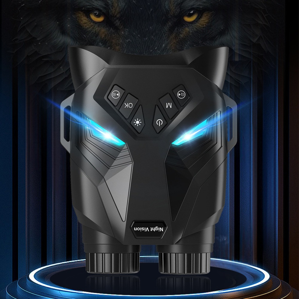 Ein schwarzes Nachtsichtgerät in Wolfsform mit blauen Augen, über einem Wolfskopf.