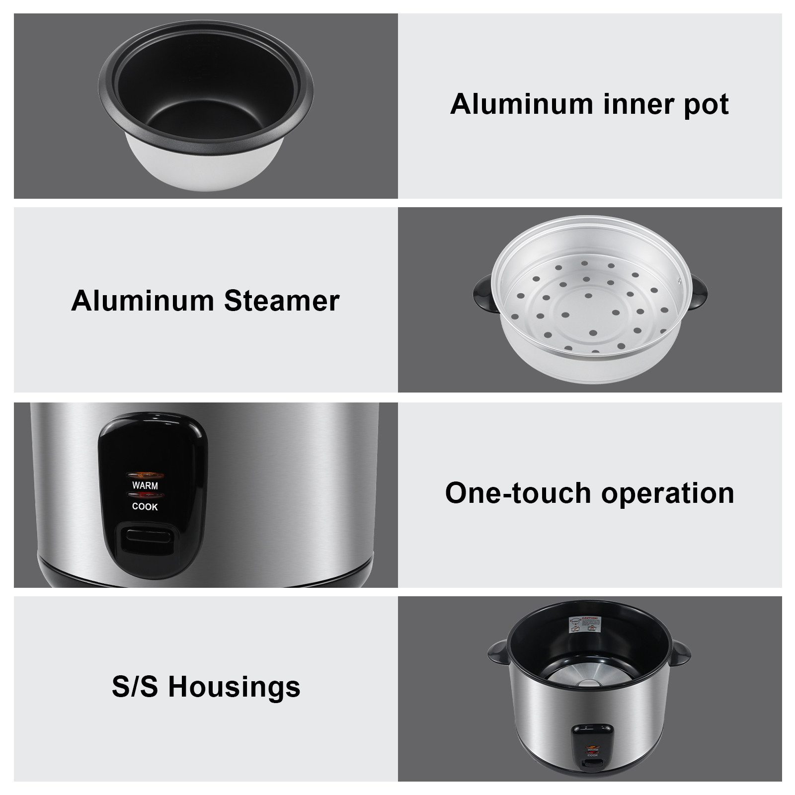 Ein Aluminium-Innentopf, ein Aluminium-Dampfgarer, Bedienelemente und ein Gehäuse.