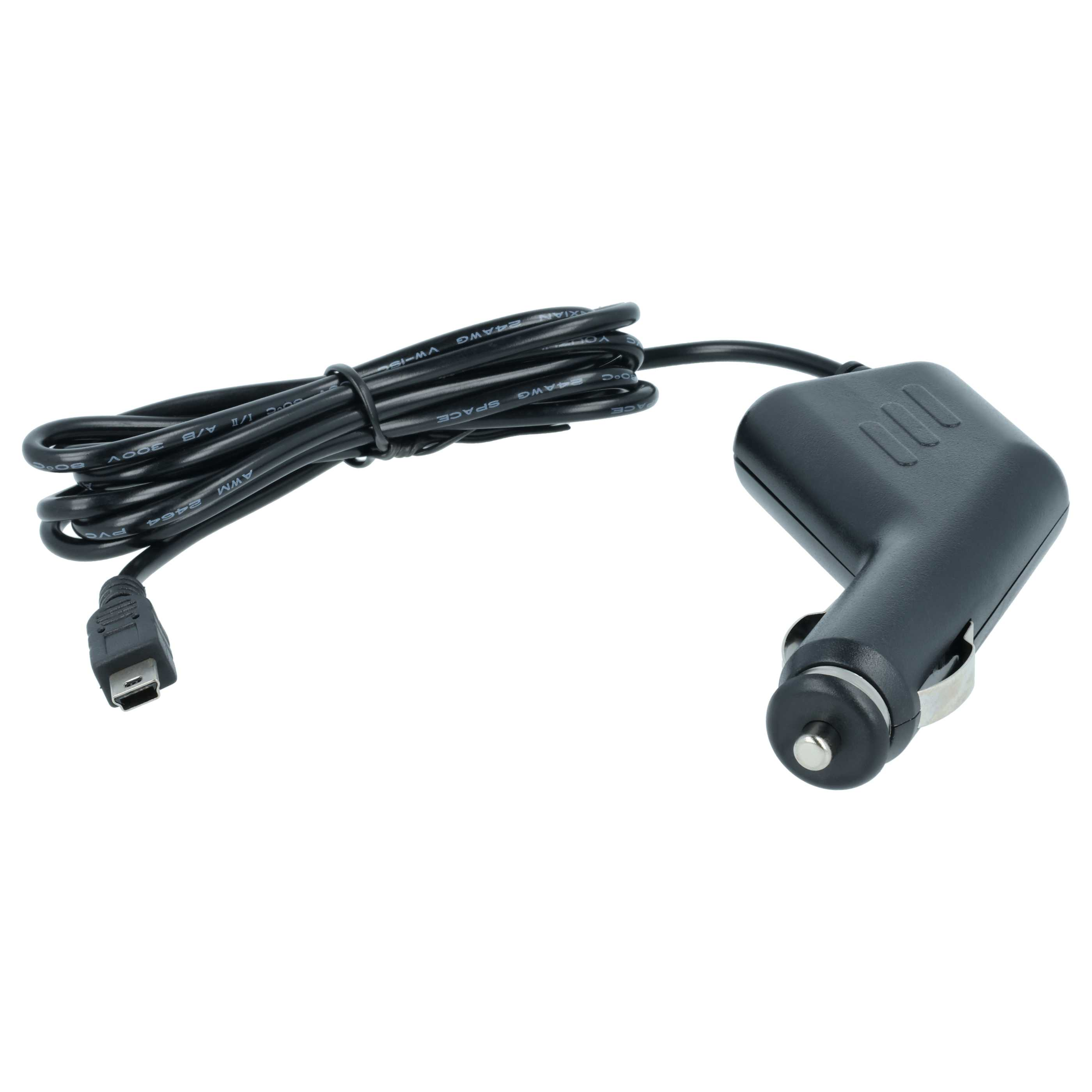 Schwarzes Autoladekabel mit Mini-USB-Stecker, auf weißem Hintergrund.