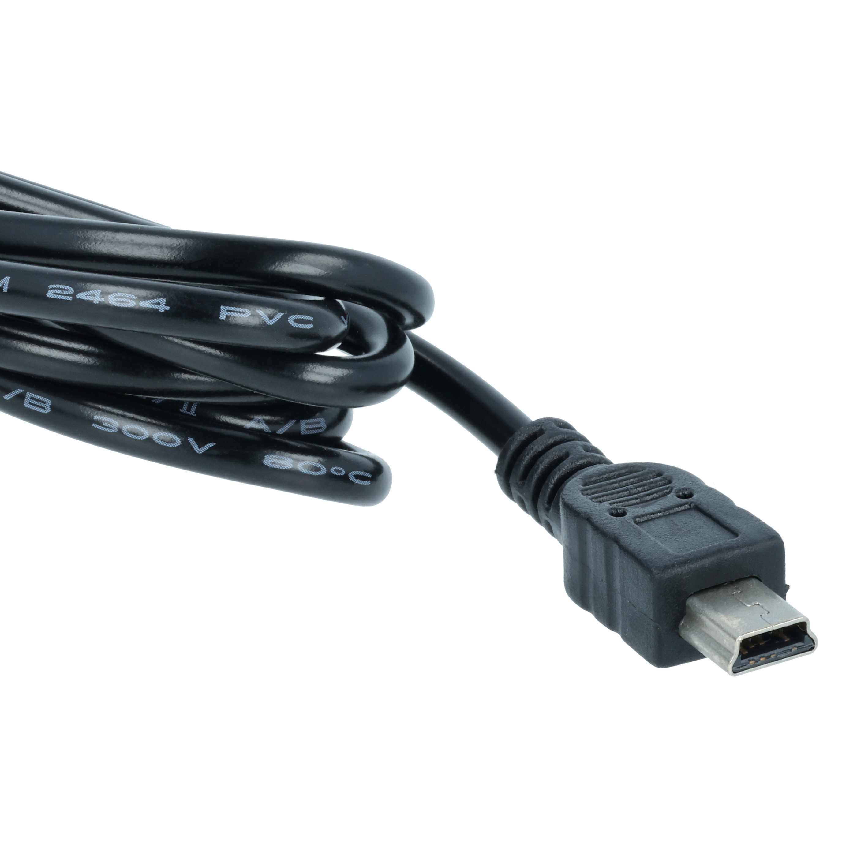 Ein schwarzes USB-Kabel mit Mini-USB-Stecker, isoliert auf weißem Hintergrund.