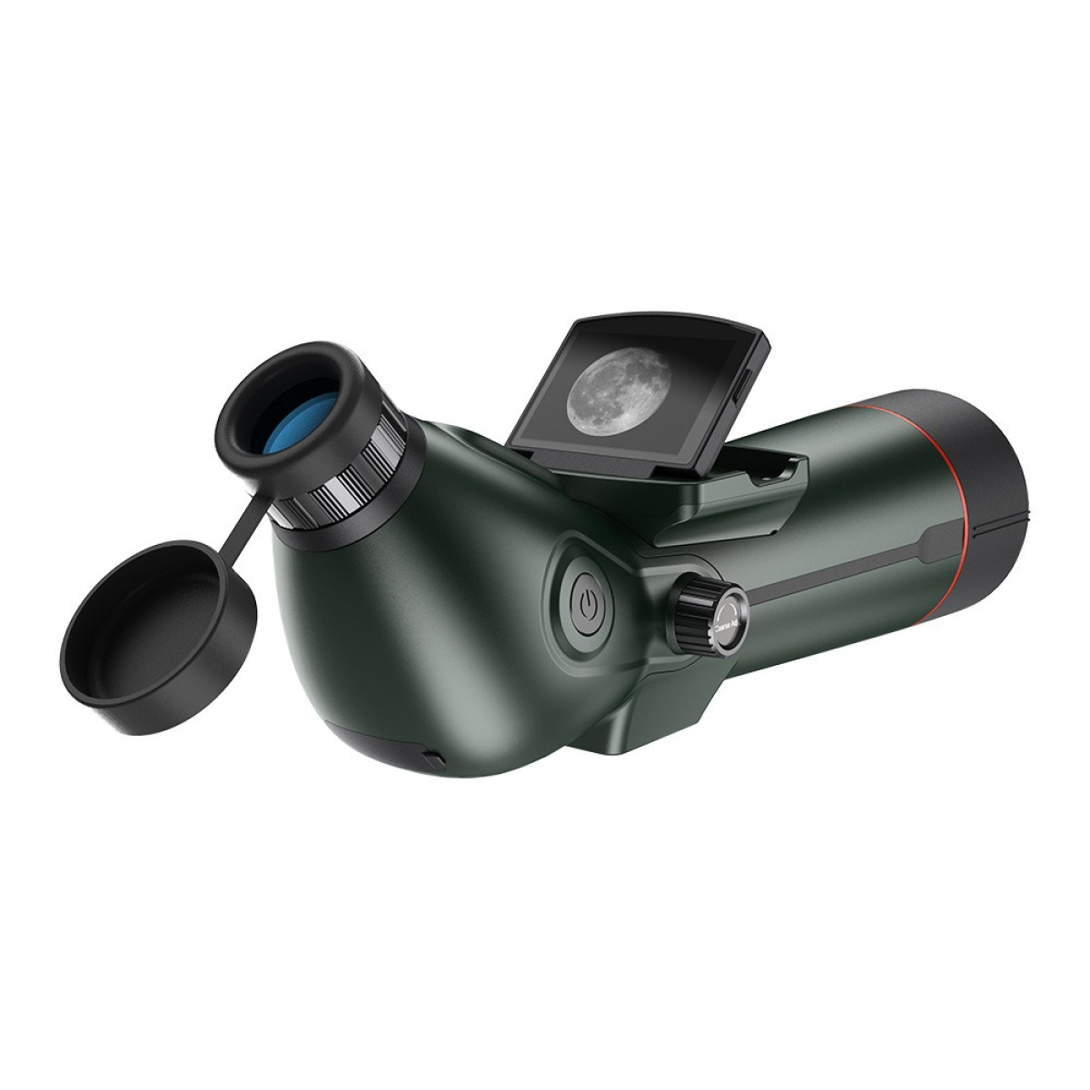 Ciemnozielony teleskop z ekranem wyświetlającym księżyc.