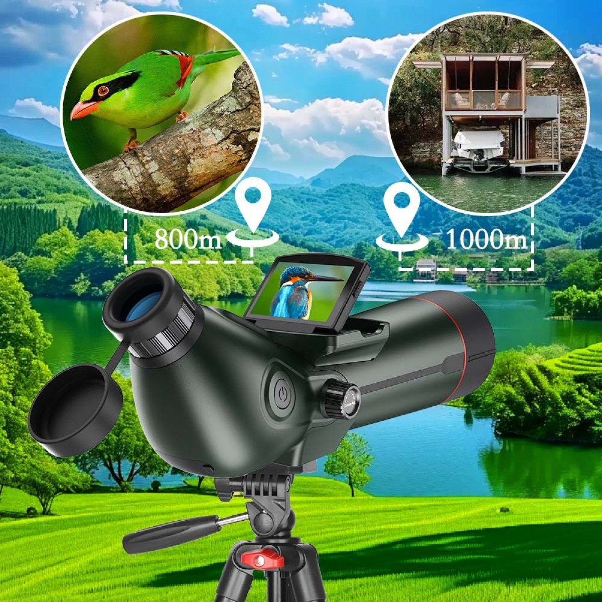 Luneta na statywie, pokazująca ptaki i dom nad wodą.