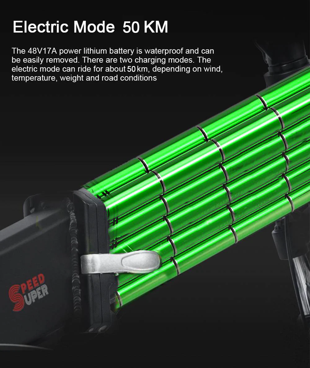 Pacco batteria al litio verde per e-bike 48V17A, rimovibile e impermeabile.