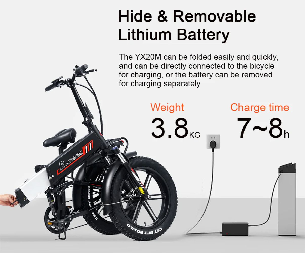 Bicicleta eléctrica negra con batería extraíble, 3,8kg, 7-8h de carga.