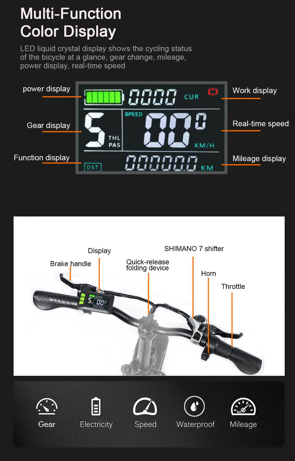 Immagine mostra display bici con letture cambio, velocità e chilometraggio.