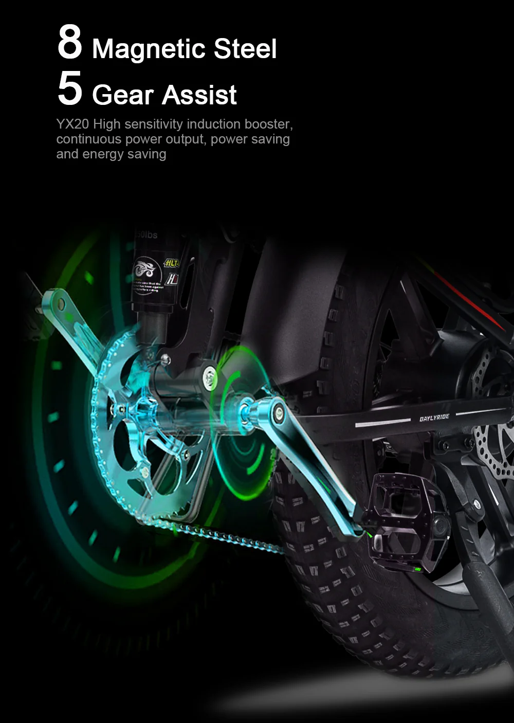 Primo piano della guarnitura della bicicletta con effetti energetici verdi luminosi e testo.