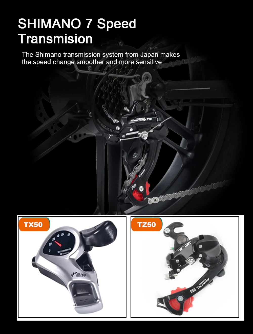 Deragliatore e cambio Shimano 7 velocità con indicatore marcia.