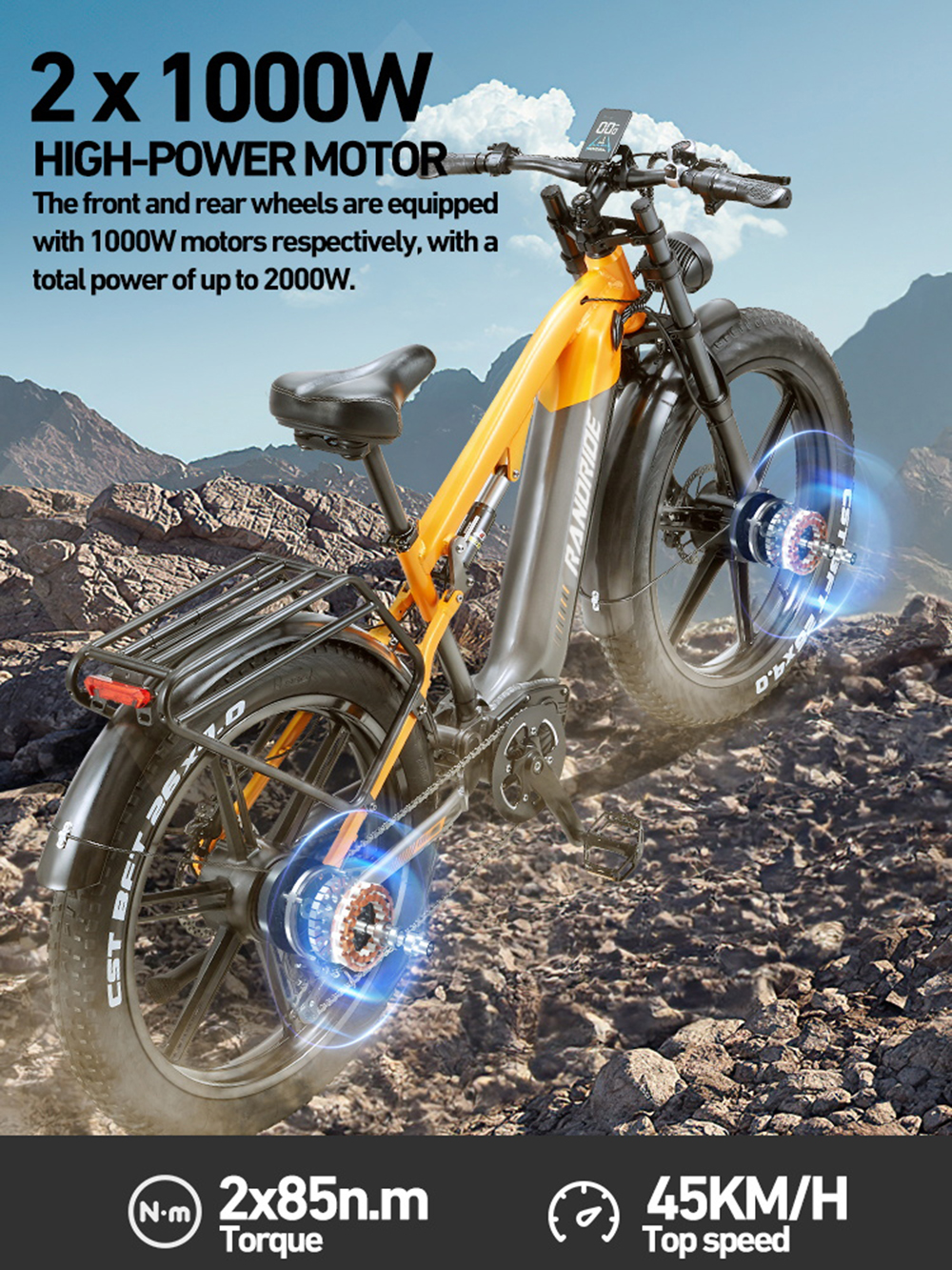 Ein orange-graues E-Bike mit fetten Reifen steht in felsiger Landschaft.