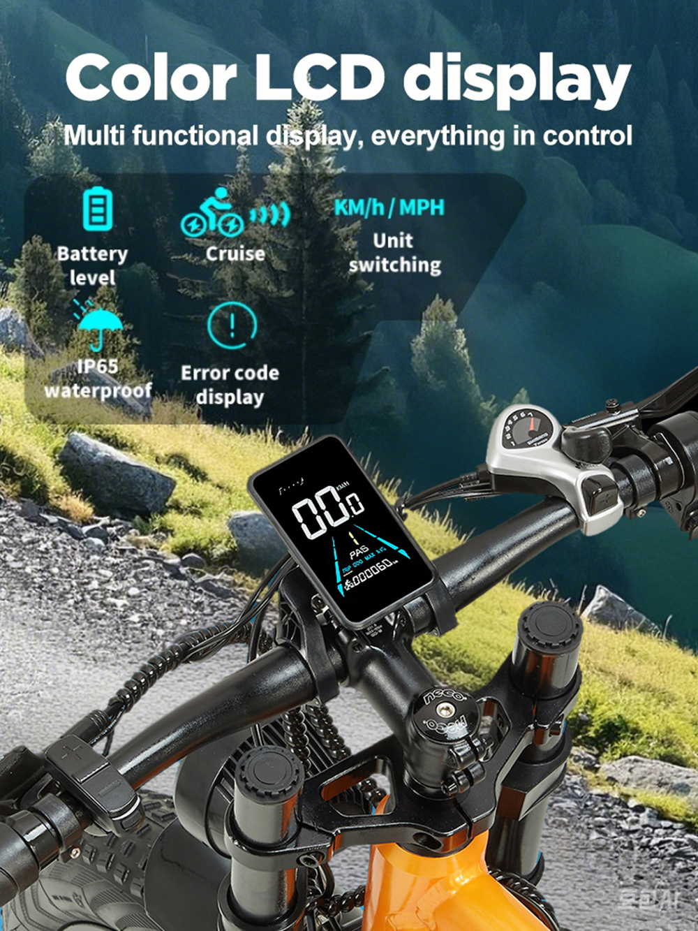 Manubrio bici con display LCD a colori, mostra batteria, velocità e codici di errore.