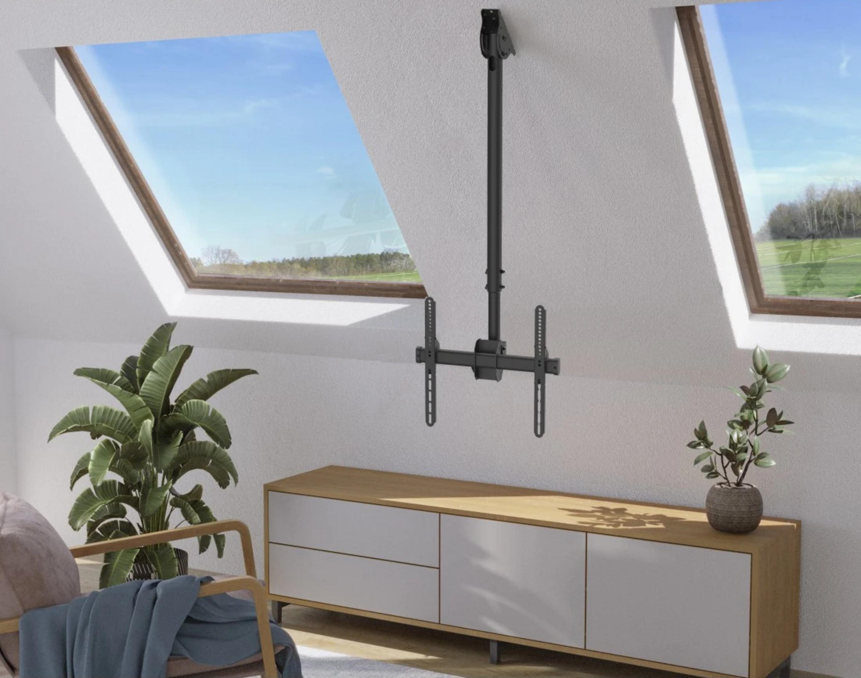 Uchwyt TV wisi z sufitu nad drewnianą szafką. Okna dachowe z widokiem na przyrodę.