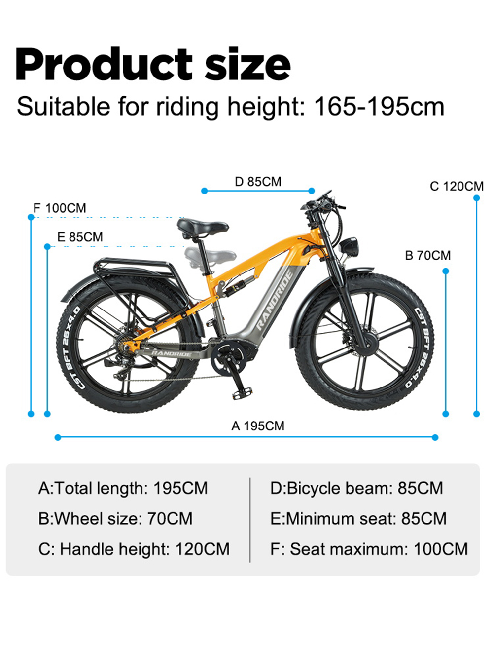 Una e-bike arancione e grigia con specifiche di dimensioni. Lunghezza totale 195 cm.