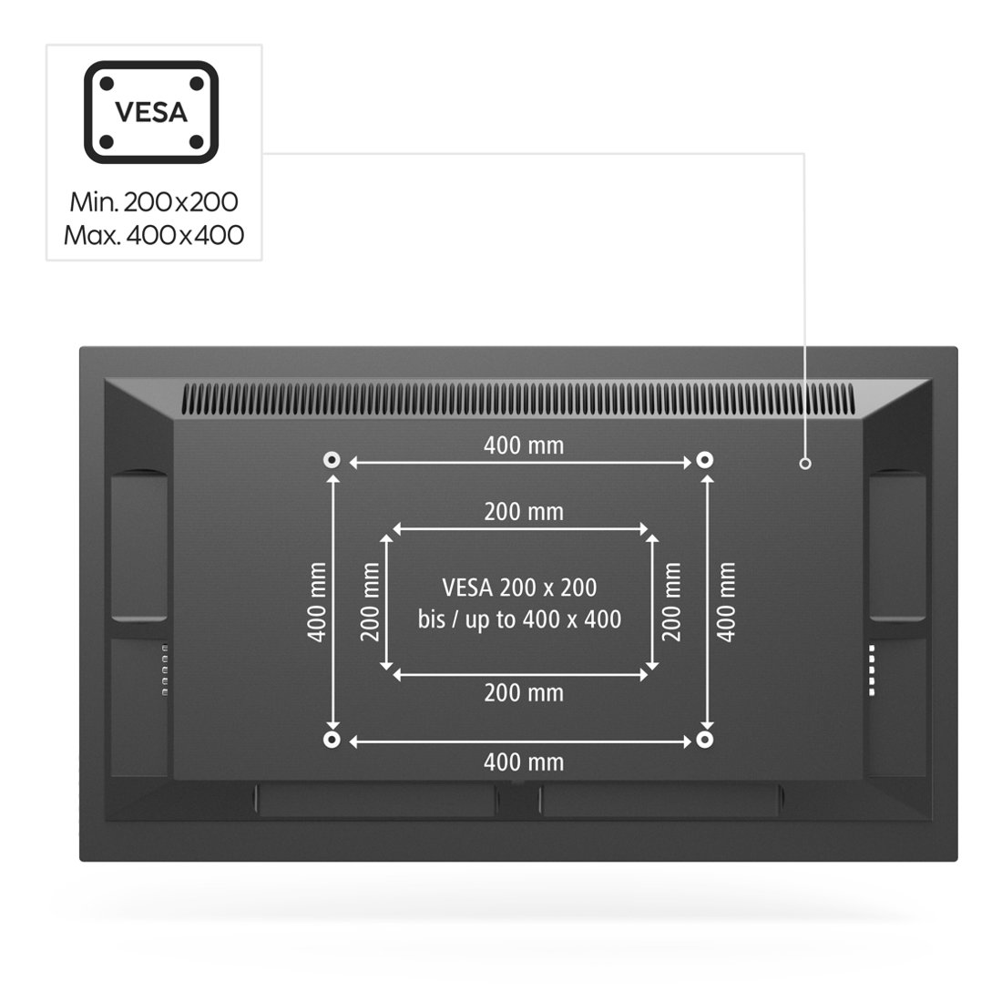 Tył telewizora z wymiarami mocowania VESA od 200x200 do 400x400 mm.