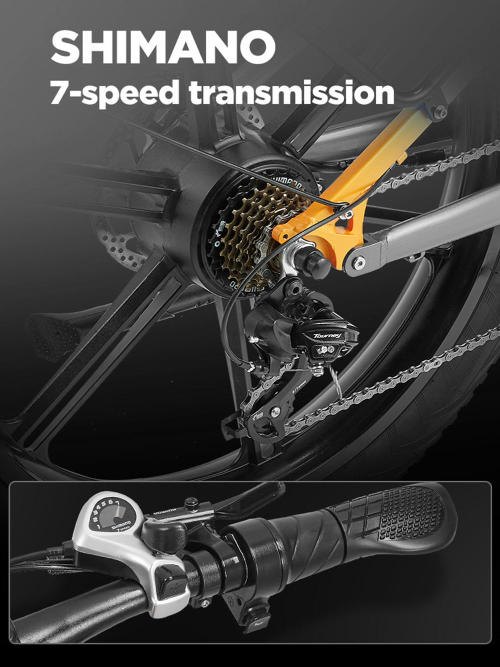 Trasmissione Shimano 7 velocità: pacco pignoni, deragliatore e comando.