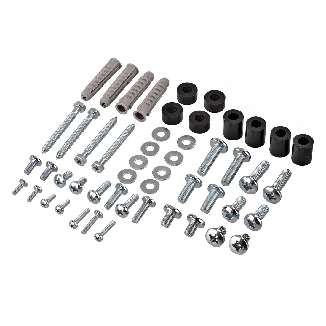 Szare kołki, czarne przekładki, śruby i podkładki na białym tle.