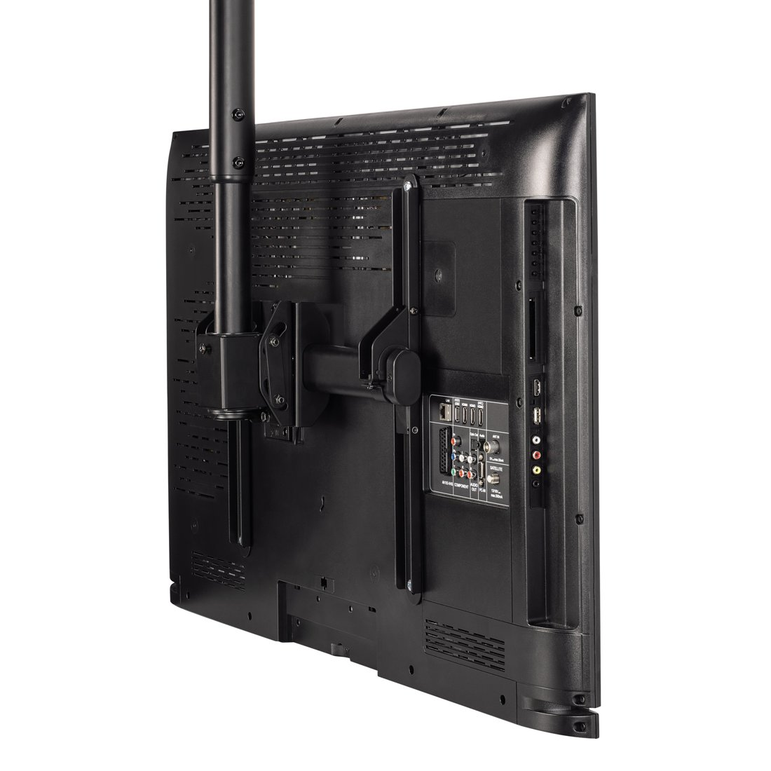 Tył telewizora z uchwytem sufitowym, portami przyłączeniowymi i otworami wentylacyjnymi.