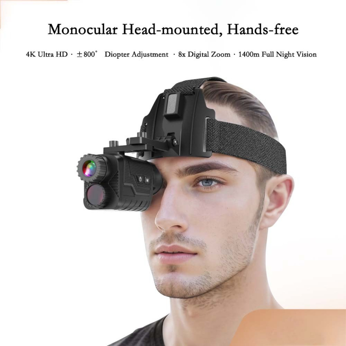 Mężczyzna z zamontowanym na głowie urządzeniem noktowizyjnym, zbliżenie.