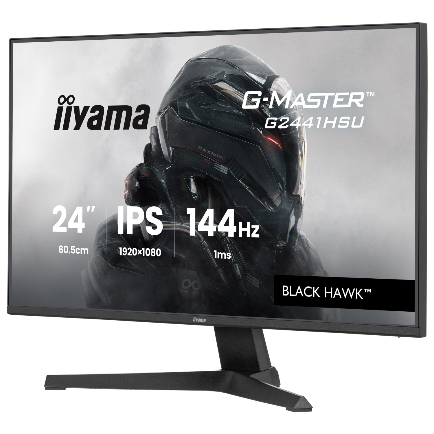 Monitor gamingowy iiyama G-Master z hełmem science-fiction w tle.