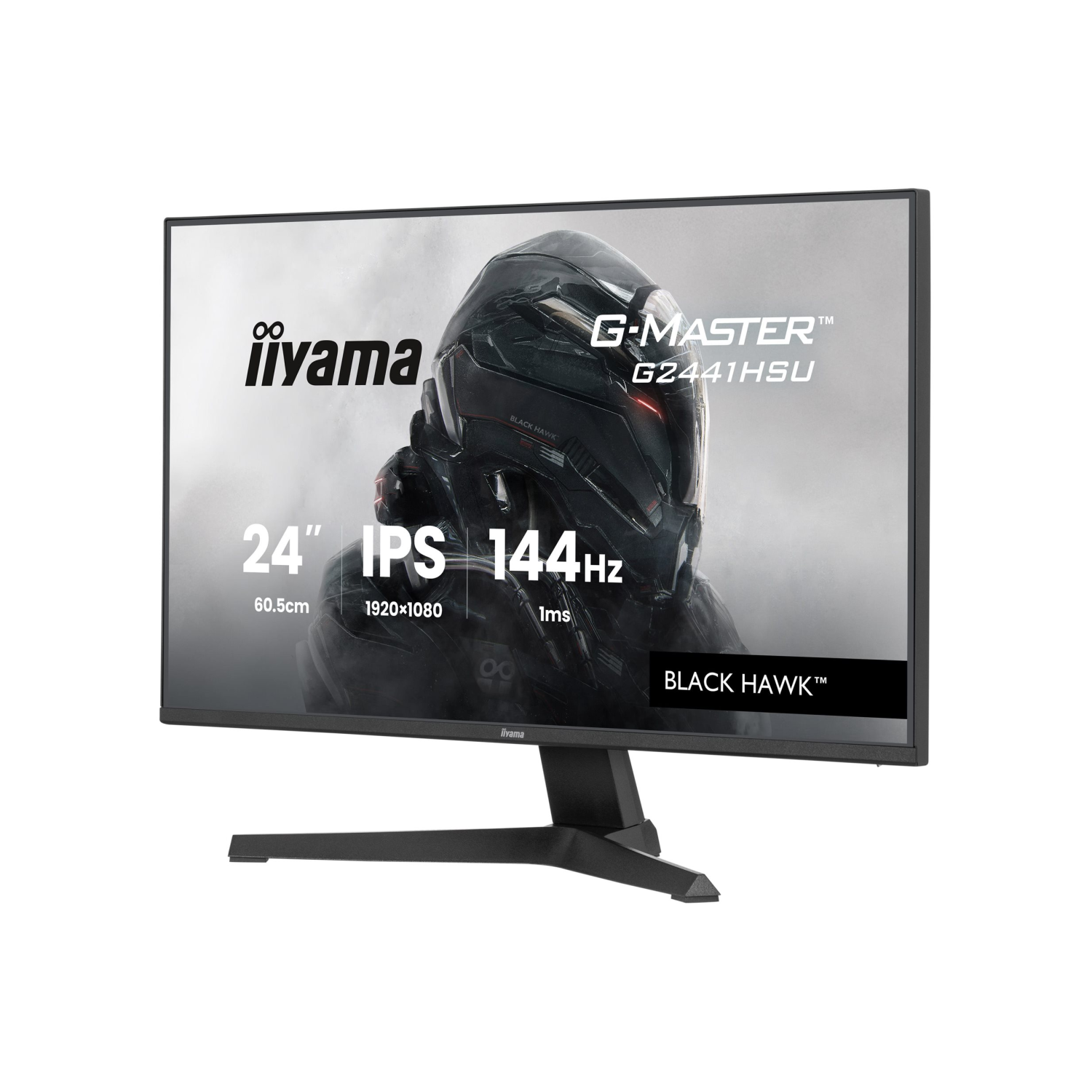 24-calowy monitor gamingowy Iiyama G-Master z grafiką czarnego hełmu.